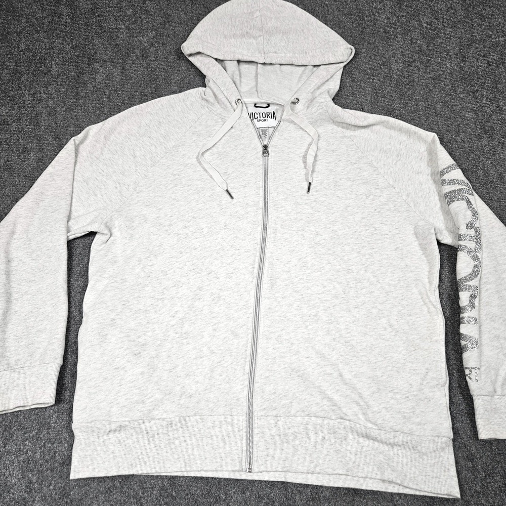 Victorias Secret Sport Hoodie Womens L Gray Glitter Zip Up Athletic Casual Y2K